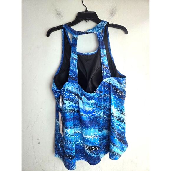 NWT Swimsuits for All Blue Black Print Built in Bra Blouson Tankini Top size 24 - Picture 2 of 6